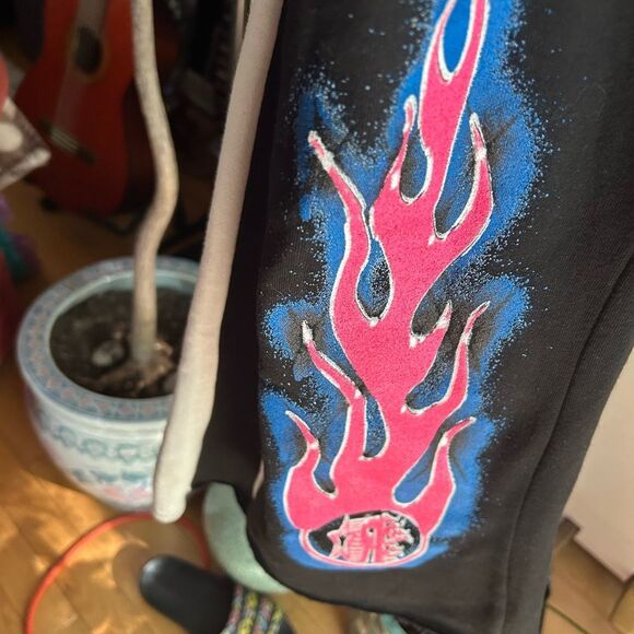 Rockstar Original Size M Flame Track Pants Stacked Flared Leg in Black - Picture 11 of 14